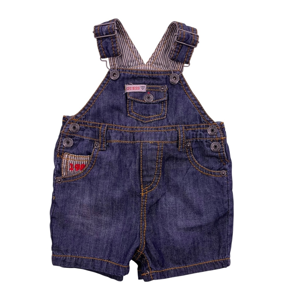 Guess Baby Denim Shortalls Overalls Dark Wash Striped Lining 3-6 Months